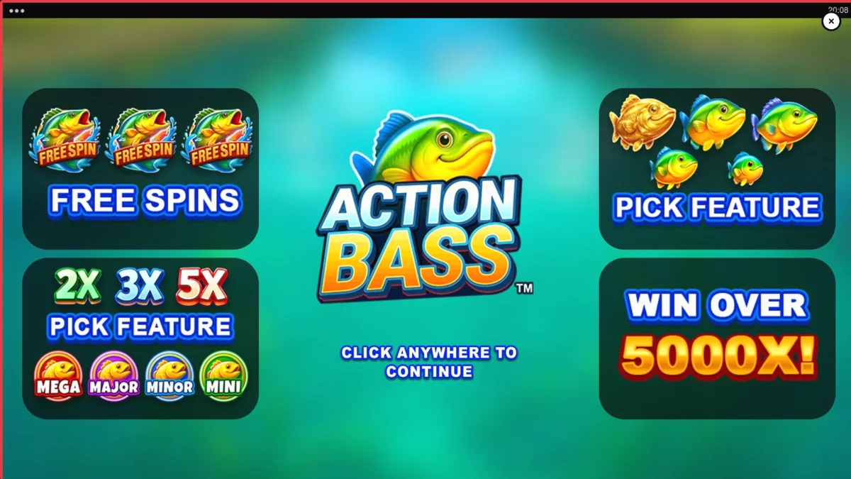 Tampilan layar slot Action Bass dengan tema memancing dan simbol ikan