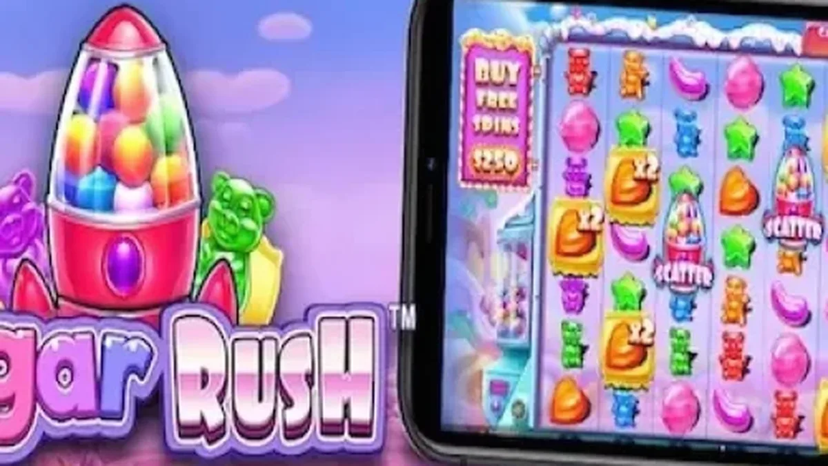 Tampilan visual slot Sugar Rush yang penuh dengan simbol permen warna-warni dan latar belakang negeri gula.