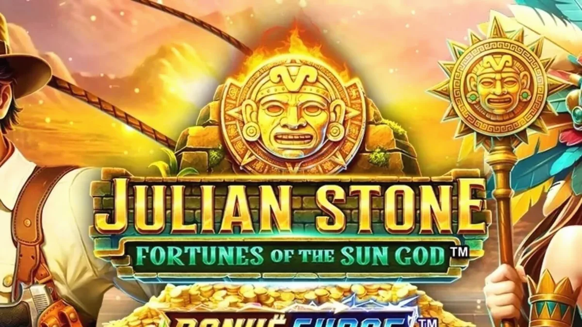 Pemandangan hutan Aztec yang rimbun dan kuil kuno dalam slot Julian Stone: Fortunes of the Sun God