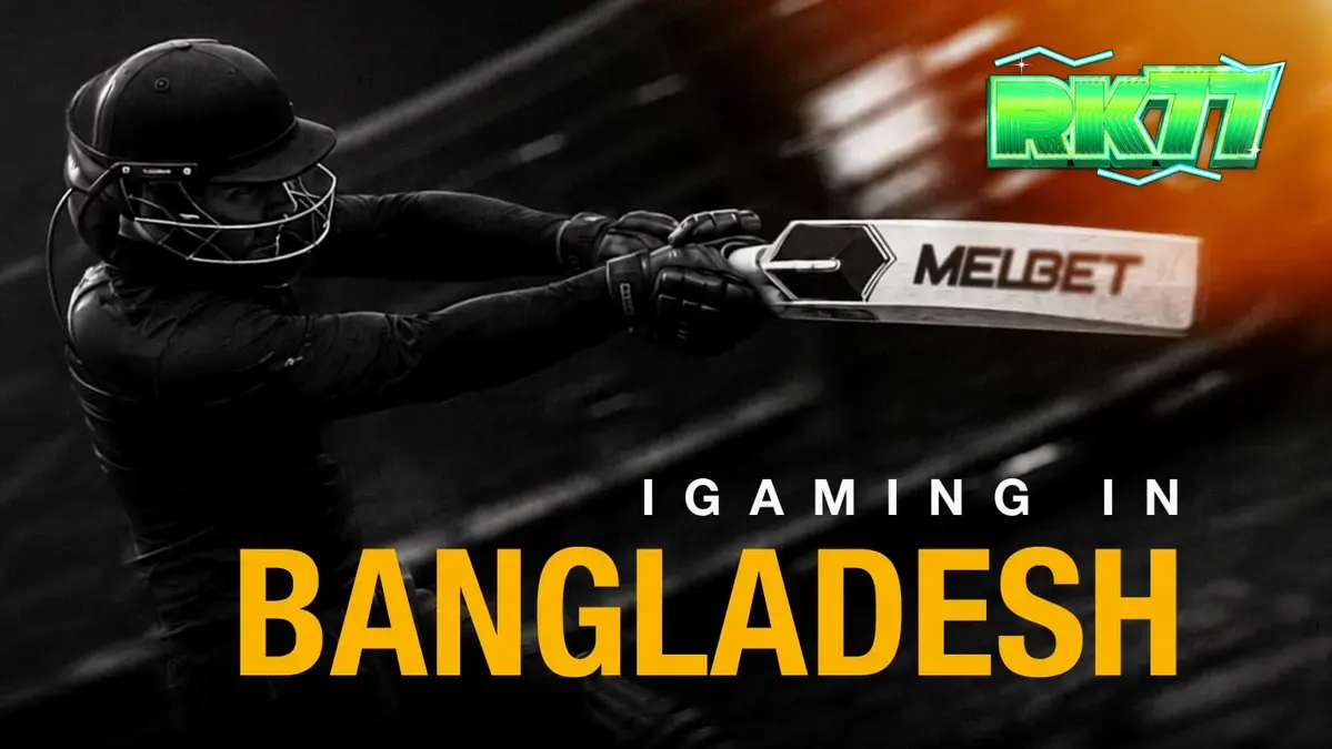 Pemandangan digital yang mencerminkan pertumbuhan pasar iGaming di Bangladesh dengan elemen visual modern dan retro.